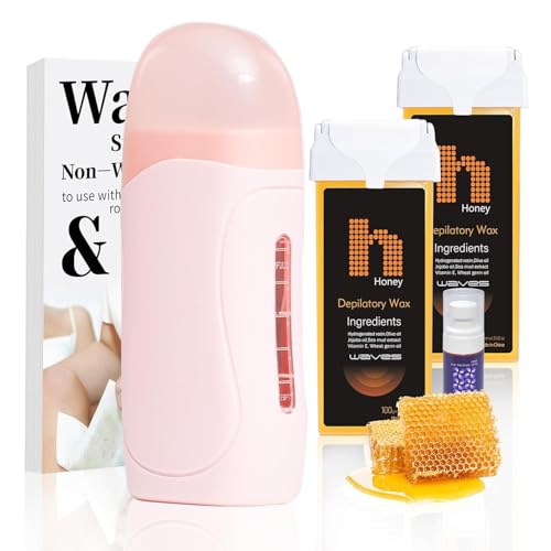 Roll On Wax Kit, Wax Roller Kit - Waxing Kit for Women & Men with 2 Honey Wax Refills & 50 Wax Strips, Home Hair Removal for Body and Legs, Easy Painless & Smooth Cera Para Depilar (Pink)