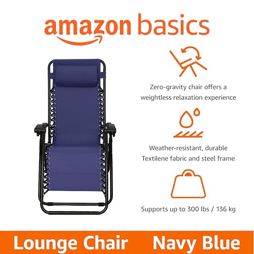 Amazon Basics Zero Gravity Lounge Chair with Pillow Navy Blue, Foldable Outdoor Recliner 300 lb