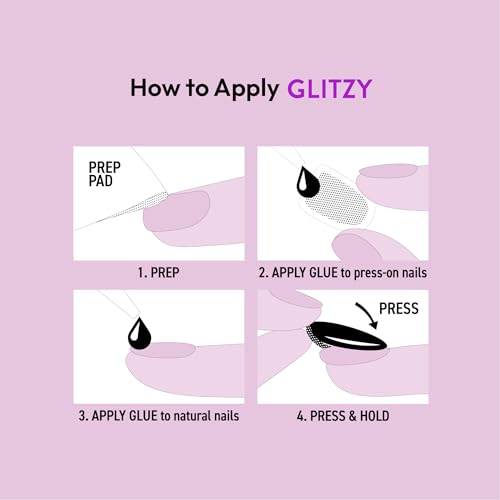 Glitzy 3D Handmade Press On Nail Kit, Rhinestone Gem Glitter French Tip 3X-Long Coffin False Nail, Reusable & Lasts Up To 2 Weeks, Seamless Snug Fit Technology, Includes Glue & 28Pcs Manicure Set