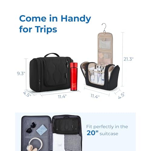 BAGSMART Toiletry Bag for Women, Wide-open Makeup Bag Organizer for Travel Essentials Travel-size, Water-resistant Large Capacity Cosmetic Bag for Accessories, Shampoo, Toiletries with Handle, Black