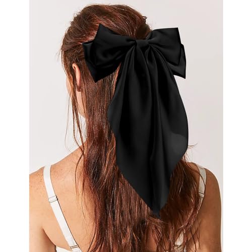 Velscrun 3Pcs Hair Bows for Women Black Hair Bow Big Hair Bows Clips for Girls Silky Satin Large Hair Ribbons Oversized Long Tail Hair Bows Hair Barrettes Hair Accessories Christmas Gifts