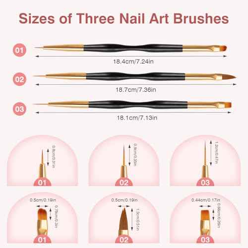 Nail Art Brushes 3PCS Nail Brush Set with Gel Polish Pens and Liner Brush for Home and Professional Salon Use