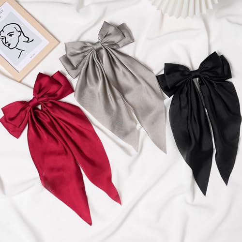 LASPERAL Hair Bow Clips 3PCS Large Ribbon Bow Hair Clips Ribbon Hair Clips Bowknot With Long Tail Tassel Bowknot Hair Clips Hair Barrettes with Bow Accessories Cute Aesthetic Hair Accessories