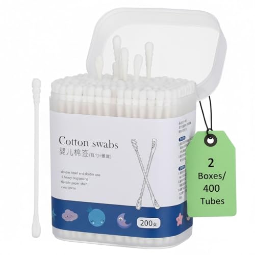 Baby Cotton Swabs - 400 Count Organic Dual-Headed Ear & Nose Cleaners for Newborns & Kids