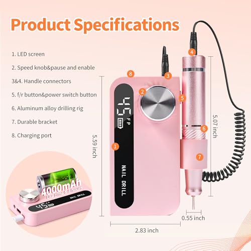 Professional Cordless Electric Nail Drill with Rechargeable Battery - Portable Manicure Kit for Acrylic & Gel Nails (Pink)