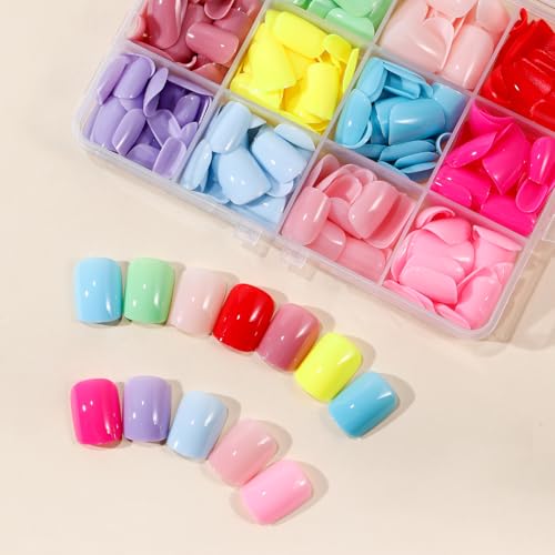 Jellyqueen A22-02-03 Short Square Press-On Nails 360 pcs with 12 Colors & Tools
