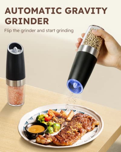 Sangcon Gravity Electric Pepper and Salt Grinder Mill Automatic Shaker Grinder with LED Light, Battery Powered Adjustable Coarseness One Hand Operation, Upgraded Larger Capacity, 1pc