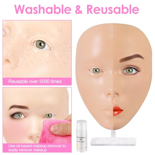 3D Makeup Practice Kit, Reusable Silicone Practice Face Board/Makeup Mannequin Face,with Brushes&Eyebrow Pencils&Eyelashes&Bag&Eyeshadow&Lipstick