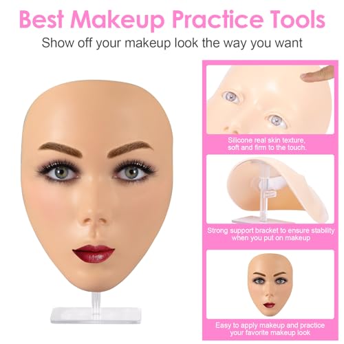 3D Makeup Practice Kit, Reusable Silicone Practice Face Board/Makeup Mannequin Face,with Brushes&Eyebrow Pencils&Eyelashes&Bag&Eyeshadow&Lipstick