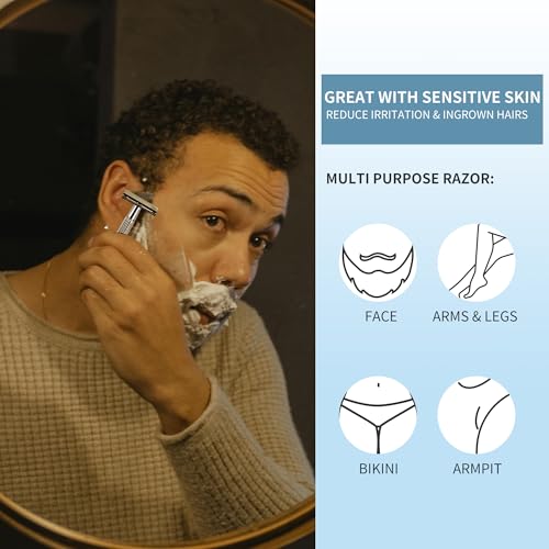 Gearhub Double Edge Safety Razor Reusable Stainless Metal Wet Shaving Razor with 10 Swedish Platinum Blades for Men Women Barber Bikini Armpit Hair, Silver GR131