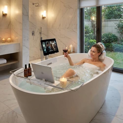 Expandable Bathtub Caddy Tray with Tablet Holder, Stainless Steel