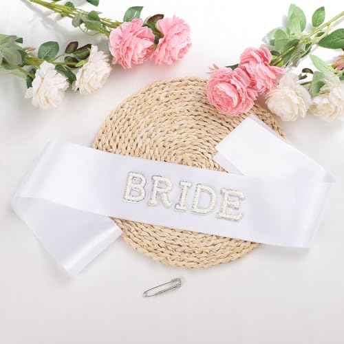 Etercycle Bride Sash, Bride To Be Sash Bridal Gifts, White Pearls Rhinestones Sashes Bachelorette Party Decorations Bridesmaid Favors With Adjustable Diamond Pin