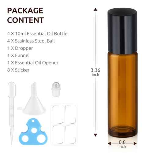 10ml Roller Bottles for Essential Oils(4-Pack), Leak-Proof Amber Glass Roller Ball Applicator, Opener, Droppers, Funnel & Labels, Roll on Bottles for Perfume & DIY Skincare
