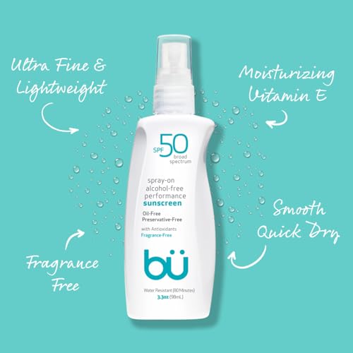 BU SPF 50 Sunscreen Spray for Face and Body, Fragrance Free, Clear Non Aeorsol, Non Greasy and Water Resistant (2-pack)