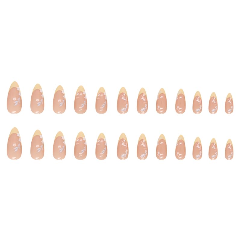 QIUYUEMIN Press On Nails Almond Stiletto Nail Tips French Tip Light Yellow Leaf Designs Medium Length Acrylic Fake Nails With Glue 24Pcs