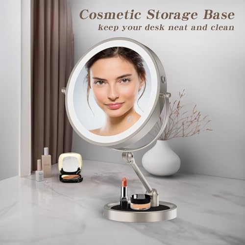 9" Large Lighted Makeup Mirror with 1X/10X Magnification, 4000mAh Rechargeable Vanity Mirror with Height Adjustable & 3 Color Dimmable Lights, 360¡ÆSwivel Double Sided Tabletop Cosmetic Mirror