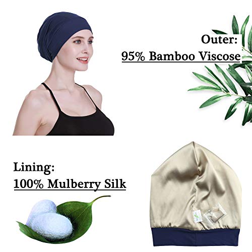 Silk Satin Lined Sleep Cap,Inner 19MM 100% Mulberry Silk Outer Viscose Nature Breathable for Hair