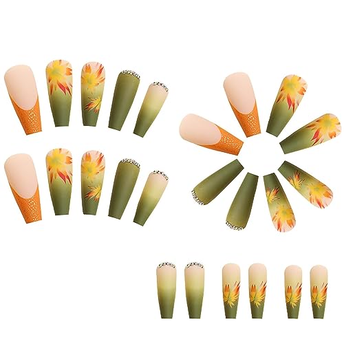 24PCS Fall Press on Nails Long Length Square Fake Nails with Maple Leaf Rhinestones Design Full Cover Artificial Acrylic Nails French Tip False Nails Women DIY Autumn Thanksgiving Manicure