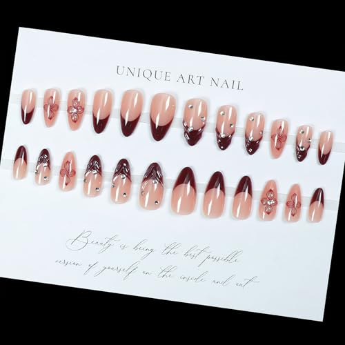 Medium Almond Red French Tip Press On Nails with Rhinestones - 24 Pcs