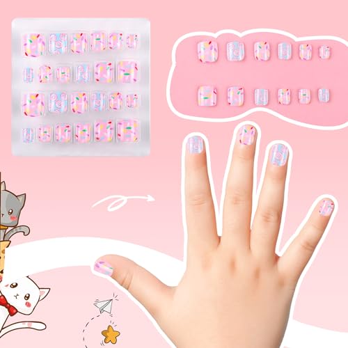 Kawyehu Kids Press on Nails 72Pcs French Donut Heart Short Full Cover False Nails