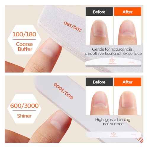 Modelones Nail Files and Nail Buffers Blocks 4 PCS, Double Side Trimed & Shaped Emery Board 100/150/180 Grits 600/3000 Nail Shine Polishing Stick, Reusable Washable Anti-bend Anti-drop Particles White