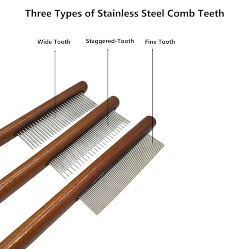 3-Pack Pet Grooming Combs with Beechwood Handle & Stainless Steel Teeth