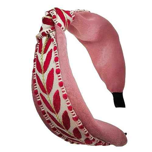 Boho Knotted Red Headband with Handmade Lace Embroidery Leaves Metal Headband for Girls Womens