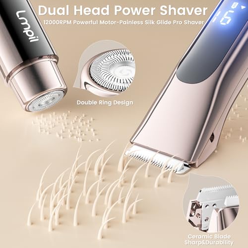 Bikini Trimmer for Women, 2-in-1 Electric Razor with Dual Heads, Ceramic Blade, Waterproof & Rechargeable, Painless Pubic Hair Shaver for Bikini, Underarm, Legs, Face | Gift for Her - ChampagneGold