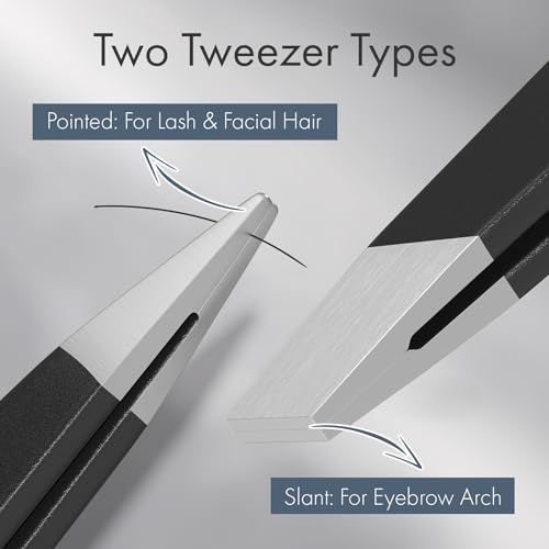 Black 2 Pack Eyebrow Tweezers Set - Slant & Point Tips for Precision Grooming