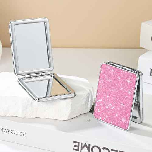 Pocket Mirror, Small Travel Mirror with Magnification, Portable Double-Sided Magnifying Cosmetic Mirror for Daily (2 Shiny)