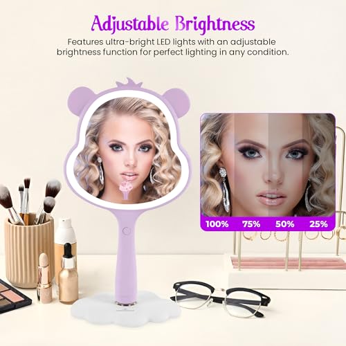 Impressions Vanity Care Bears Share Bear LED Handheld Makeup Mirror for Desk, Lighted Travel Makeup Mirror with Detachable Standing Base, Ultra Bright Adjustable Lighting and Figural Shaped (Purple)