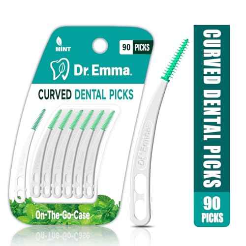 Dr. Emma Dental Picks Mint Curved Soft Rubberized Tooth Picks Easy to Use Brush Picks with Carry Case, 90Ct