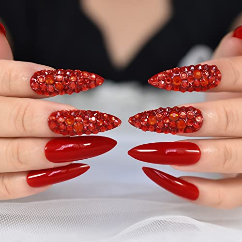 Elevenail Glossy Red Press on Nails Long Coffin False Nails Faux Ongles Reusable Solid Color Nail Art Tips Salon DIY Manicure Acrylic Fake Nails Gifts for Women Girls