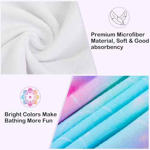 FIOBEE Microfiber Hair Towel Wrap for Kids Rapid Drying Turbans for Wet Hair with Button Women & Girls Long, Curly Hair Pack of 2, Purple/Green Mermaid