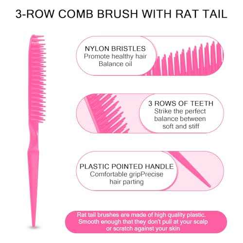 SIMPOR 3 Row Hair Comb for Natural Detangling Hair Styling Brush Nylon Bristle Unbraider Teasing Comb Rat Tail for Women Men Rose Pink