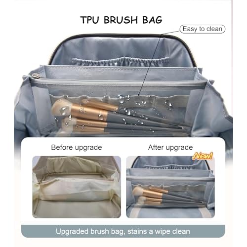 BOYATU Travel Makeup Bags Cosmetic Organizer Bag: 3 Pcs Set Large Capacity Floral Make up Bag with Compartments - Waterproof Leather Toiletry Bags with Handle for Women (01-Light Blue)