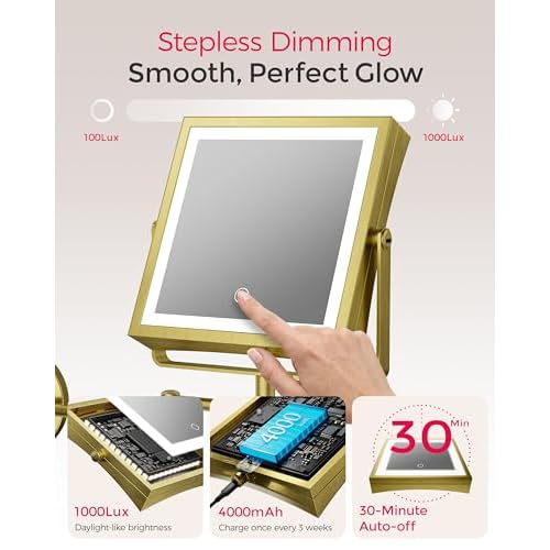Rechargeable Wall Mounted Makeup Mirror with Lights, 4000mAh Double Sided 1X/10X Magnifying Vanity Mirror with 3 Color Lights, Touch Dimmable, 360¡Æ Extension Foldable Arm (Antique Brass)