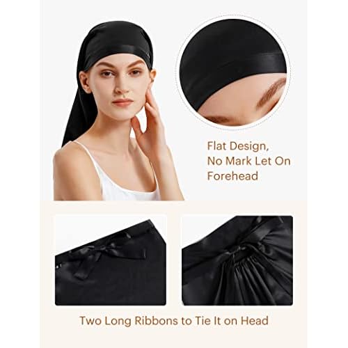 LilySilk Mulberry Silk Sleep Cap 100% 19 Momme Long Silk Bonnet for Curly Hair, Night Cap for Sleeping, Silk Hair Wrap for Women Black