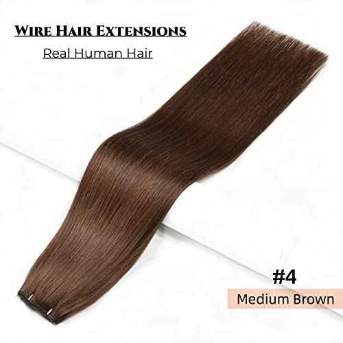 Wire Hair Extensions Real Human Hair 18 inch 100g Brown #4 Remy Wire Hair Extensions Hairpieces with Invisible Transparent Fish Line Natural Straight Fish Wire Hair