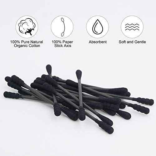 Black Cotton Swabs Spiral - 800 Count Organic Cotton Buds Double Side Tightly Wrapped Charcoal Cotton Tips Paper Stick Soft Gentle Lint-Free Cruelty-Free Goth Bathroom, Round & Spiral (Black)