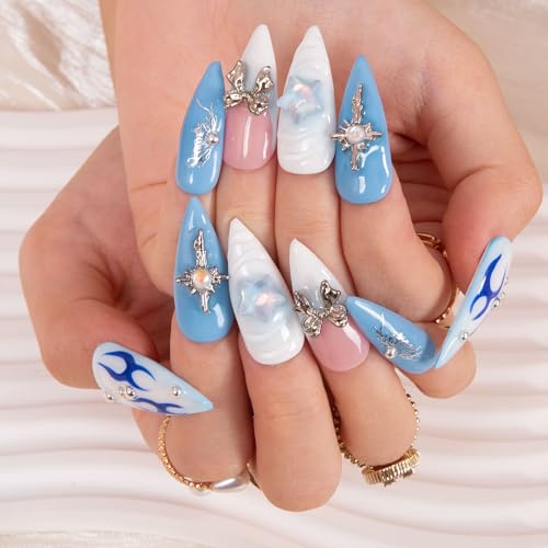 LOVFUL Press on Nails FROZEN | Handmade with Full Covered Crystals | Reusable Full Cover Nails | Stiletto Classic Regular 1.3 in | H319-M
