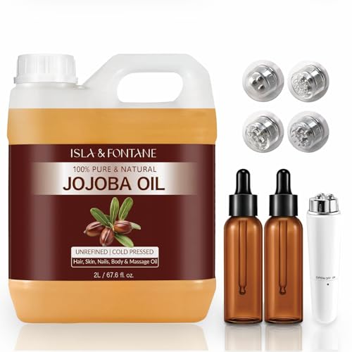 ISLA & FONTANE Jojoba Oil Set ? 67.6 Fl Oz (2L) | 100% Pure & Natural | Golden, Unrefined, Cold Pressed | 2 Dropper Bottles & Massager | Hexane-Free Carrier Oil for Skin, Hair, Face, Nails & Body