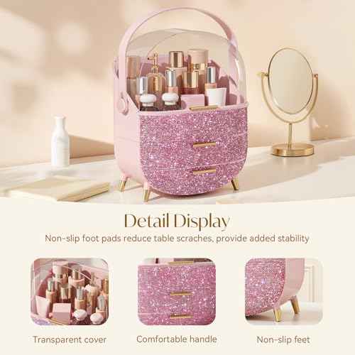 Bling Makeup Organizers for Teen Girl Gifts, Cosmetic Display Case with Clear Cover, Vanity Makeup Organizers for Lipstick Perfume Lotion and Skincare, Pink Diamond
