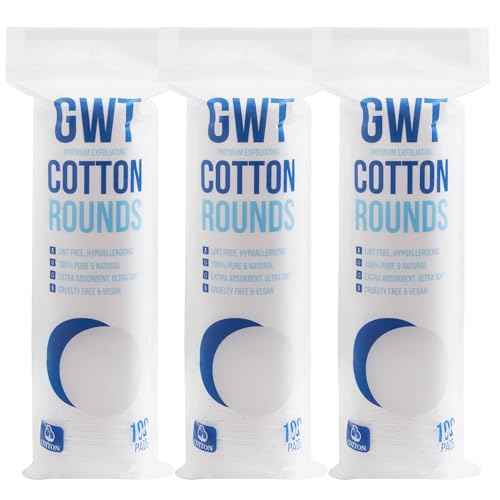 GWT Premium Cotton Rounds for Face, 100% Pure & Lint-Free Cotton Pads, Soft & Absorbent Makeup Remover, Hypoallergenic, Multi-Layer Design (100 Count (Pack of 3))