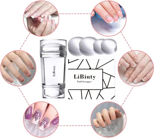 LiBiuty Nail Art Stamper, Dual Head Clear Jelly Nail Polish Transfer Stamper with Extra 4Pcs Silicone Heads & 1 Scraper Nail Stamping Tool