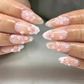 UZJXQ Style-19 Medium Almond Pink Press-On Nails with 3D Flower Design, Glossy Fake Nails for Women Menicure, 24Pcs