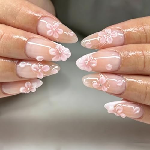 UZJXQ Style-19 Medium Almond Pink Press-On Nails with 3D Flower Design, Glossy Fake Nails for Women Menicure, 24Pcs