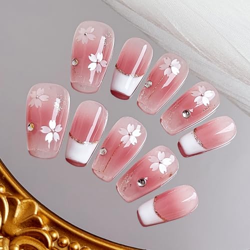 Veil Press On Nails 10pcs, Pink Cherry Blossom Gradient UV Gel/Acrylic False Nails, Elegant Floral French Tip Spring Blossom Nail Art for Women, Cute Pastel Flower Soft Glam Nail Set (Pink, M)