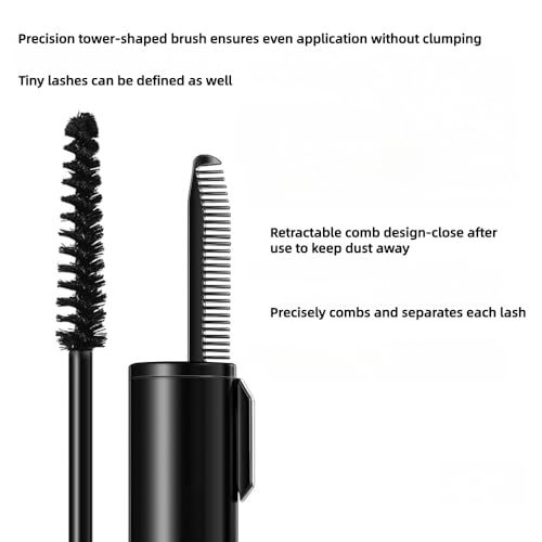 Waterproof Mascara with Tower-Shaped Brush, Includes a Comb to Smooth and Separate Lashes, Catching Tiny Eyelashes, Thickening, No Flaking, Smudge-Proof and Long Lasting, Easy to Apply, Black