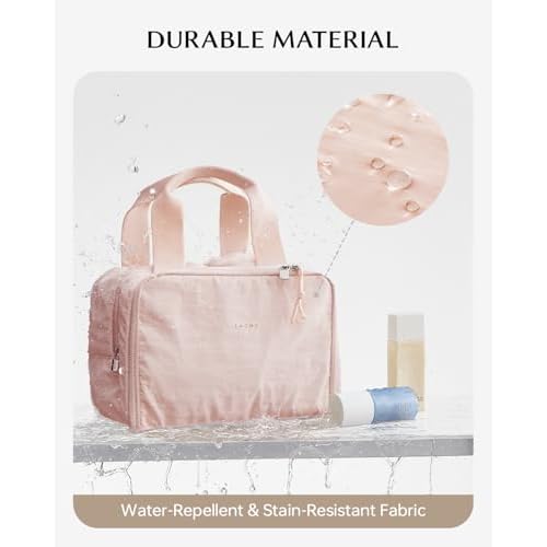 EACHY Travel Makeup Bag with Handle, Large Capacity Makeup Organizer, Waterproof Cosmetic Bag for Women, Wide-Open Design, Portable Toiletry Case for Travel, Accessories, and Essentials (Pink)